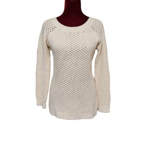 Saffron 100% Cashmere Round Neck Tunic Sweater Medium Cream Pointelle/Woven Knit